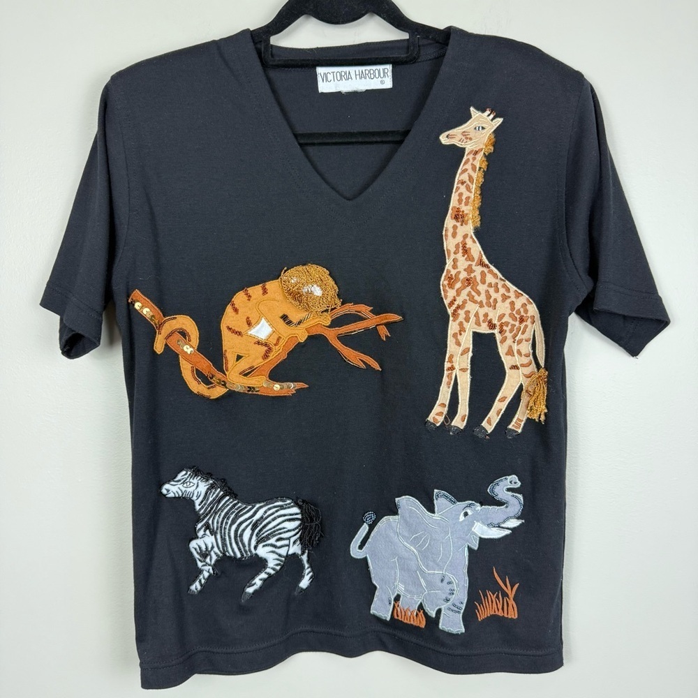Victoria Harbour Vintage Large Top Animals Embroidered Black V-Neck Safari